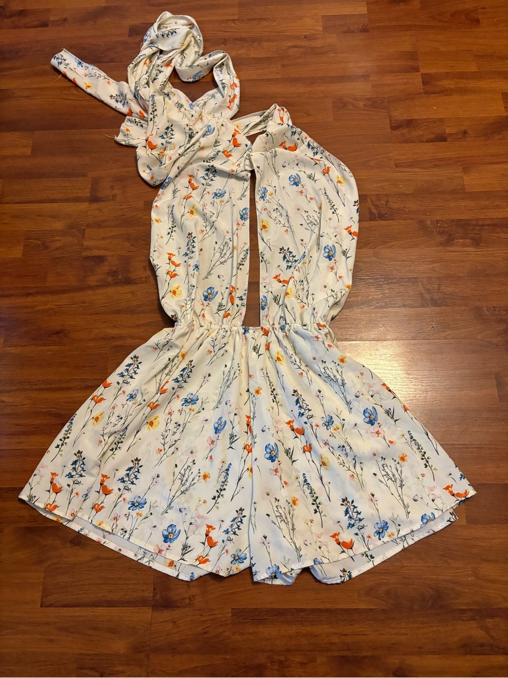 SHEIN Cream Floral Halter Romper with Blue and Orange Print